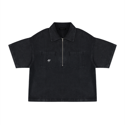 VINTAGE WASH BOXY QUARTER-ZIP DENIM SHIRT