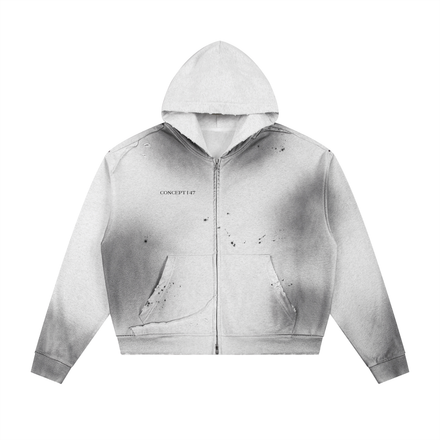 SUN FADE FRAYED RAW EDGE FLEECE ZIP HOODIE